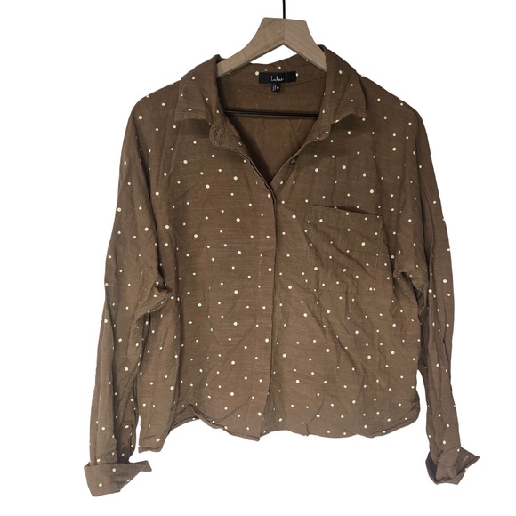Lulus Tops - Lulus Amelia Dawn Brown Polka Dot Long Sleeve Button-Up Top M Linen Blend